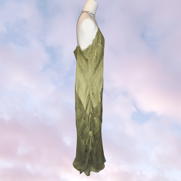 Asos Green Lace Insert Stripe Panel Long Maxi V-Neck Patchwork Satin Dress Sz 14 - Picture 5 of 7